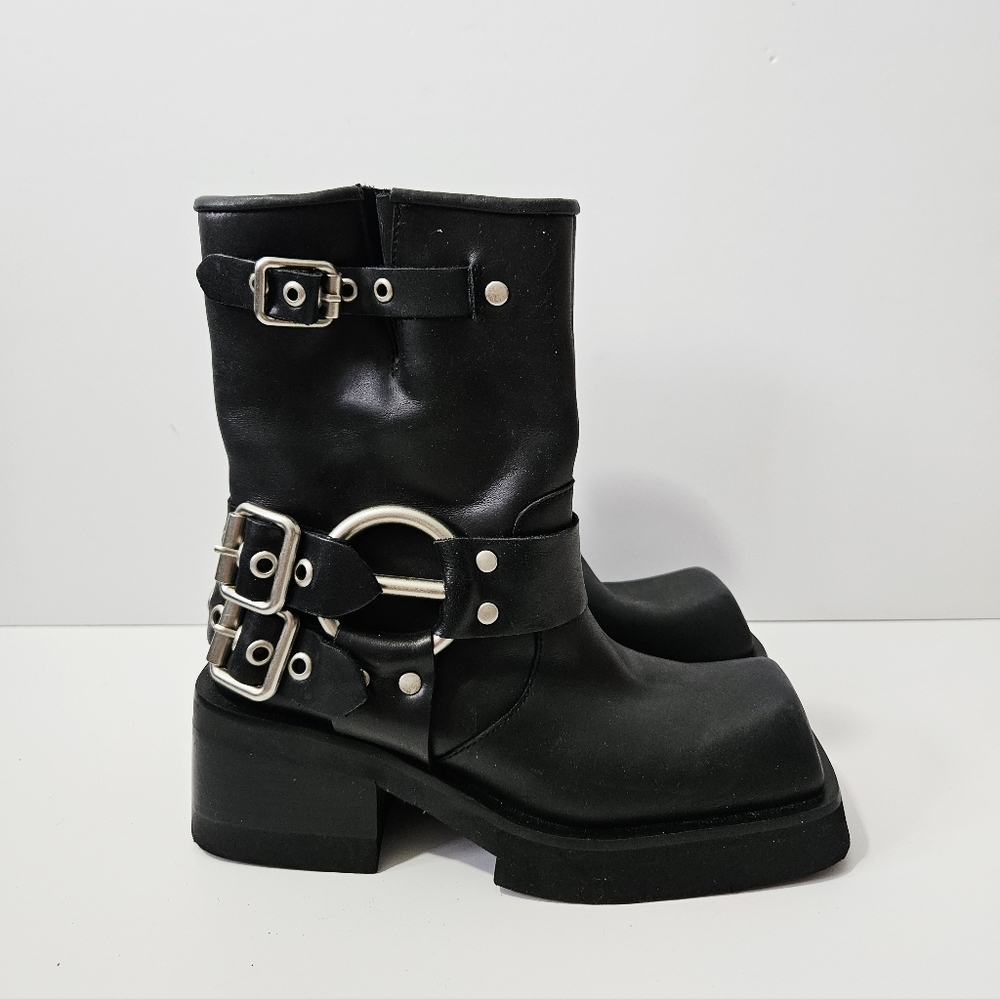 Jeffrey Campbell Black Leather Buckle Combat Boots